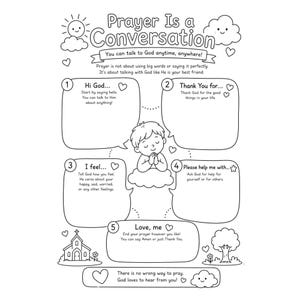 Può includere: Illustrazione in bianco e nero di una guida alla preghiera intitolata "Prayer Is a Conversation". Include suggerimenti per la preghiera, come "Hi God", "Thank You for" e "I feel..." con un bambino che prega.