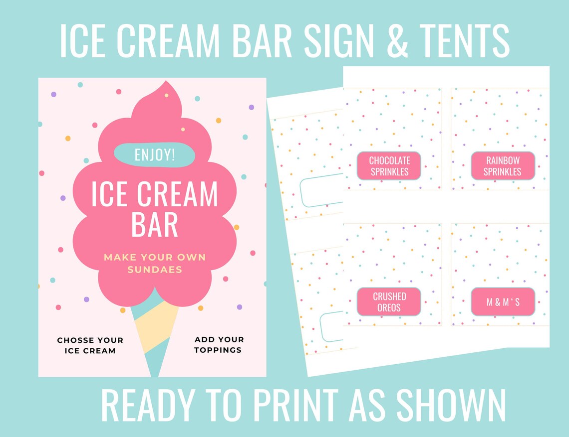 Ice Cream Bar Sign and Topping Labels, Ice Cream Bar Sprinkles, Pink ...