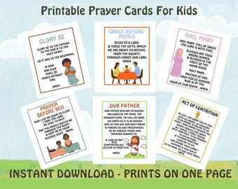 Catholic Prayer Cards for Kids, Common Catholic Prayers, Act of Contrition, Our Father, Hail Mary, Grace Before Meals Card Child