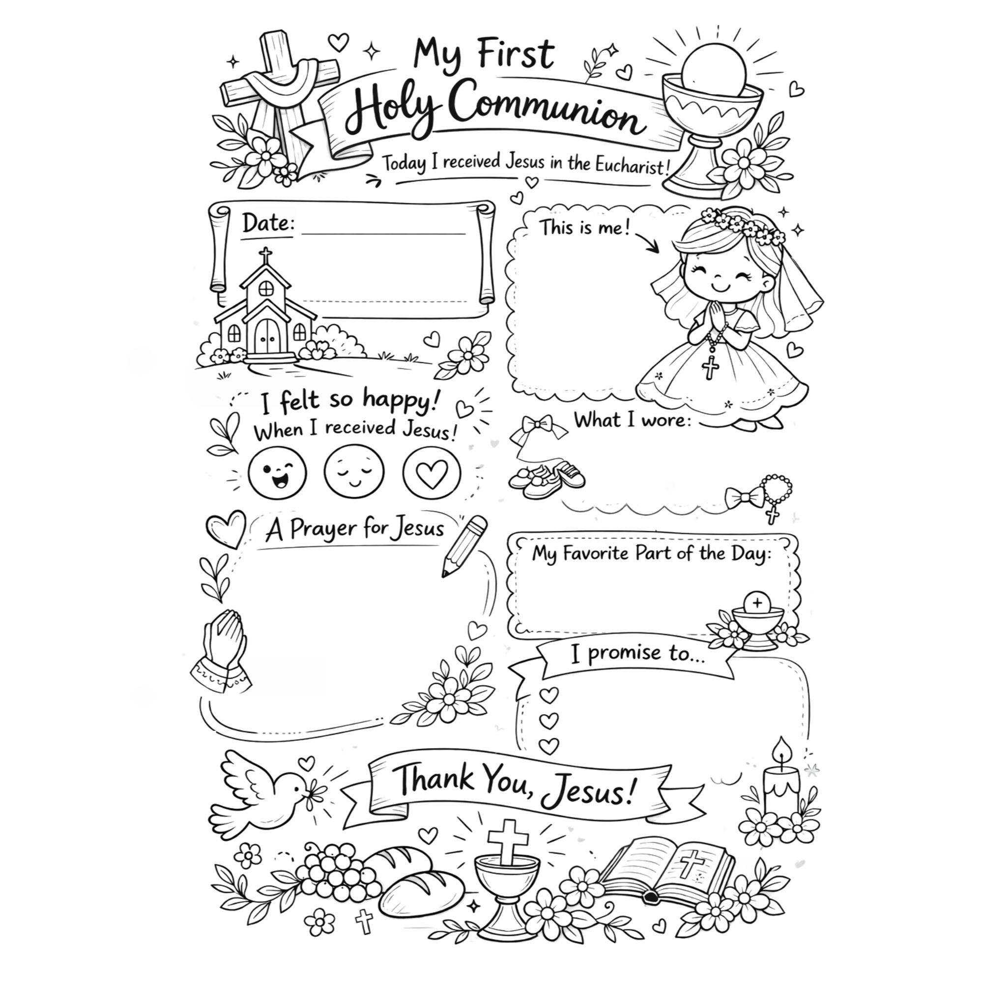 First Holy Communion Printable for Girls | Catholic Keepsake Coloring ...