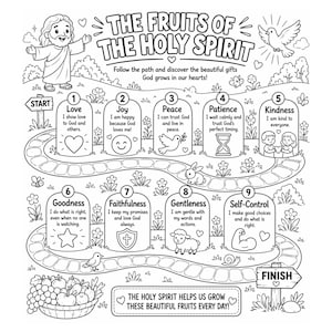 May include: Black and white illustration of a path with the text "The Fruits of the Holy Spirit." The path features illustrations of love, joy, peace, patience, kindness, goodness, faithfulness, gentleness, and self-control. A basket of fruit is at the bottom.