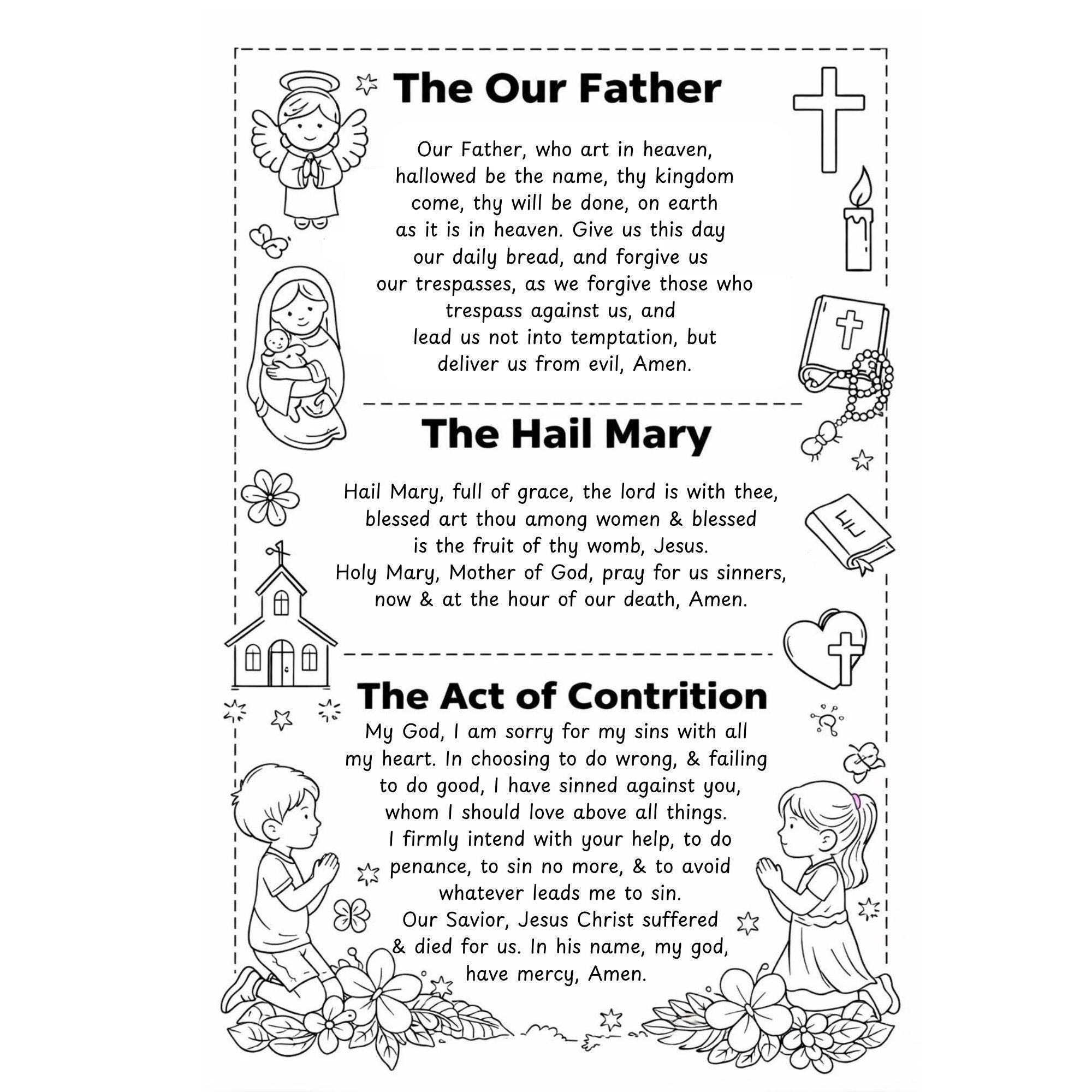 First Communion Prayer Worksheet for Kids | Our Father, Hail Mary & Act ...