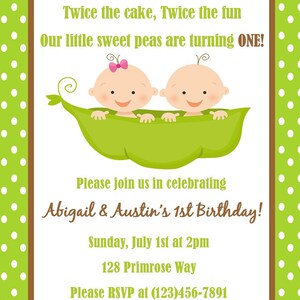 Twins First Birthday Invitation Digital File / First Birthday Invitation For Twins / 2 Peas in a Pod Birthday / Pea Pod Twins Birthday image 2