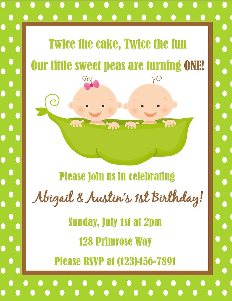 Twins First Birthday Invitation Digital File / First Birthday Invitation For Twins / 2 Peas in a Pod Birthday / Pea Pod Twins Birthday image 2