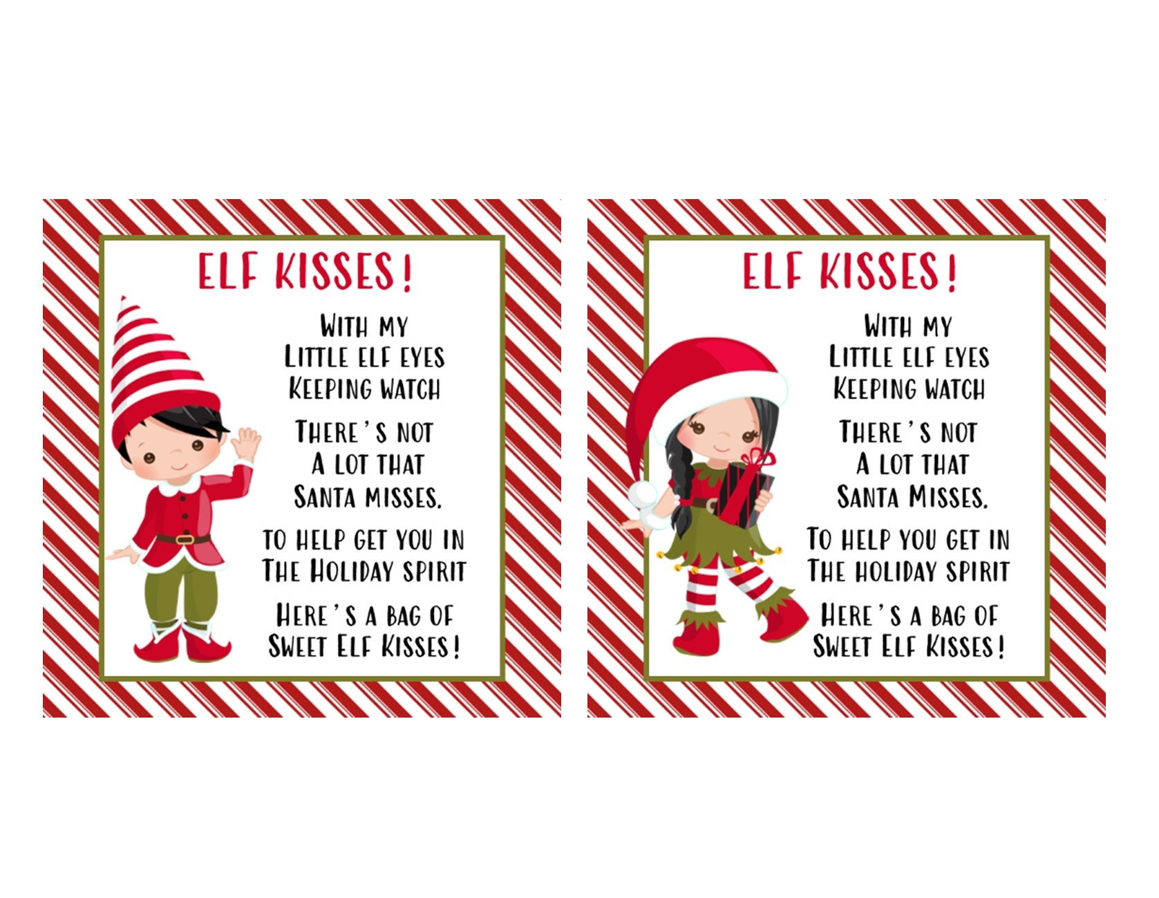 Elf Kisses (Boy & Girl) Printable Tags - DIGITAL FILE You Print - Elf Kisses - Treats from Elf - Christmas Favor Tag - Printable Elf Kisse