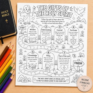 May include: A black and white printable coloring page titled The Gifts of the Holy Spirit, featuring a winding path with seven numbered stations representing spiritual gifts, illustrated with figures, symbols, and text, alongside colored pencils.