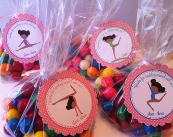 Gymnastics Party Favor Tags - TAGS ONLY ( Set of 12) / African American Gymnastics / Dark Skinned Gymnastics Birthday Favors