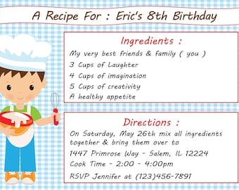 Kid's Cooking Invitation - Boy (Digital File) Baking Invitation - Kids Cooking Party