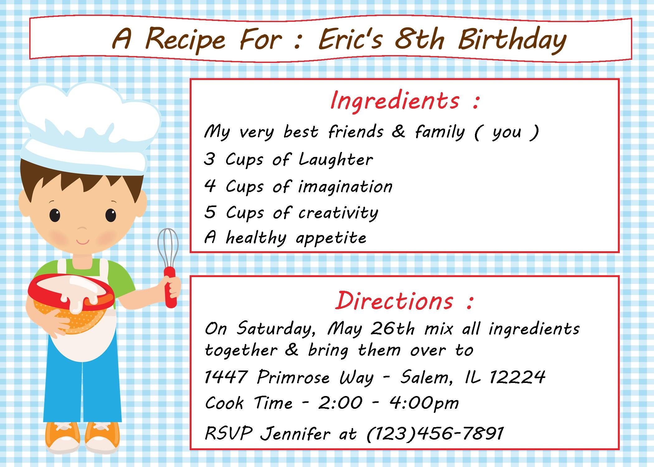 Kid's Cooking Invitation - Boy (digital File) Baking Invitation - Kids ...