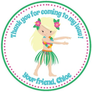May include: A round sticker with a green border and pink polka dots. It features a cartoon girl with blonde hair wearing a hula skirt and lei. The text reads "Thank you for coming to my luau! your friend, Chloe".