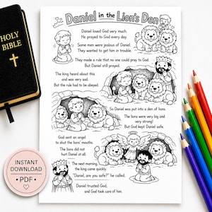 May include: A black and white coloring page titled Daniel in the Lion's Den featuring illustrated scenes of Daniel praying, lions, a king, and an angel, accompanied by a black Holy Bible and a set of colored pencils on the side.