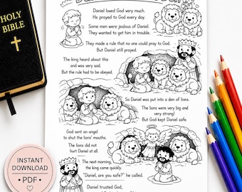 May include: A black and white colouring page titled Daniel in the Lion's Den featuring illustrated scenes of Daniel praying, lions, a king, and an angel, accompanied by a black Holy Bible and a set of coloured pencils on the side.