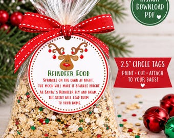 Reindeer Food Tags Printable | Christmas Reindeer Food Poem | 2.5 Inch Circle Tags | Kids Christmas Eve Activity | Instant Download PDF