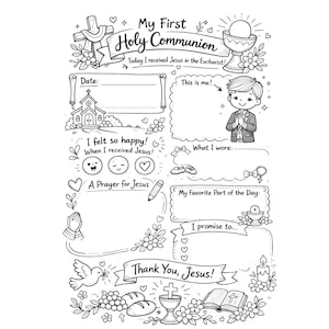 May include: Black and white illustration of a First Holy Communion keepsake. The design includes a cross, chalice, church, and space for personal details. Text includes "My First Holy Communion" and "Thank You, Jesus!"