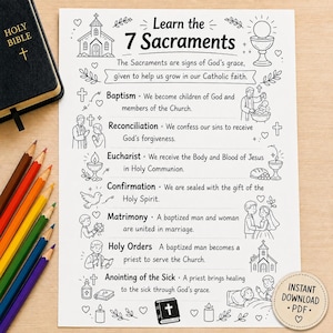 Op de afbeelding: Een wit werkblad met de titel Learn the 7 Sacraments met zwarte lijntekeningen van een kerk, kelk en religieuze figuren. De tekst somt de zeven sacramenten op met beschrijvingen. Een zwarte Bijbel en kleurpotloden zijn zichtbaar.