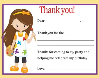 May include: A thank you card featuring a cartoon girl with brown hair wearing an art smock and holding a paintbrush and palette. The card has the text "Thank you!" at the top and includes space to write a personalized message.