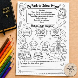 Könnte beinhalten: Eine schwarz-weiße, ausdruckbare Malvorlage mit dem Titel My Back-to-School Prayer, die einen zentralen Gebetstext, schulbezogene Illustrationen wie einen Bus, Bücher und ein Schulgebäude sowie einen Bereich für ein persönliches Gebet enthält.