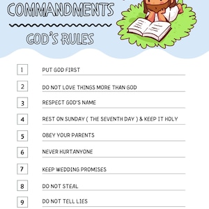 10 Commandments Printable for kids - Printable 10 Commandments for Sunday School - Religious Teaching Worksheet - Ten Commandments Printable