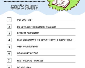 10 Commandments Printable for kids - Printable 10 Commandments for Sunday School - Religious Teaching Worksheet - Ten Commandments Printable