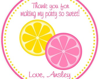 May include: Round pink and yellow thank you sticker with a lemon and lime design. The sticker says "Thank you for making my party so sweet! Love, Ansley"