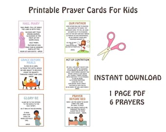 Catholic Prayer Cards for Kids, Common Catholic Prayers, Act of Contrition, Our Father, Hail Mary, Grace Before Meals Card Child