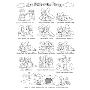 May include: Black and white illustration of the Stations of the Cross. Each station is depicted with figures and text describing the scene, including Jesus carrying the cross, falling, and being crucified.