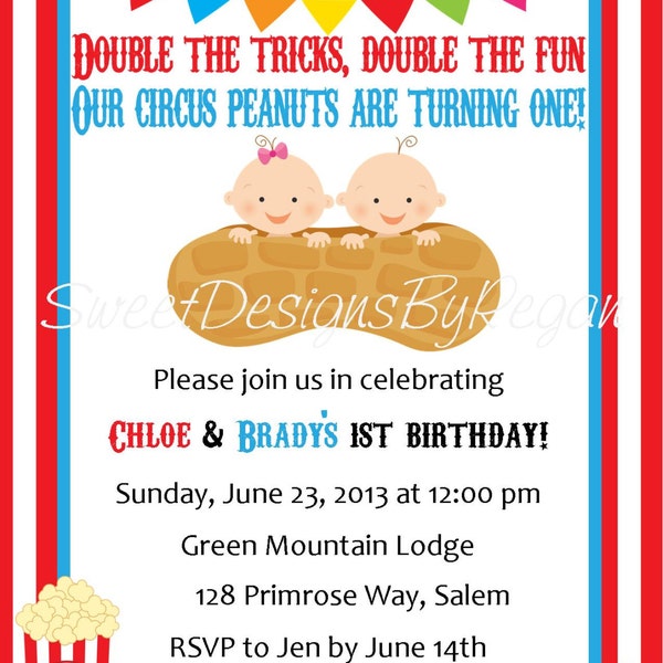 Circus Birthday Invitation (Digital File) / Twins Circus Birthday Invitation / Circus Peanuts Birthday Invitation / Twins First Birthday