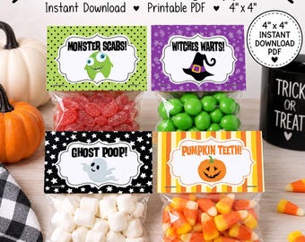 Halloween Treat Bag Toppers Printable, 4x4 Treat Bag Labels, Halloween Party Favors, Kids Classroom Treats, Instant Download PDF