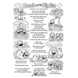 Può includere: Illustrazione in bianco e nero di una storia per bambini su Giona e il grande pesce. L'immagine raffigura scene della storia, tra cui Giona su una barca, in mare e dentro un pesce. Il testo accompagna ogni scena.