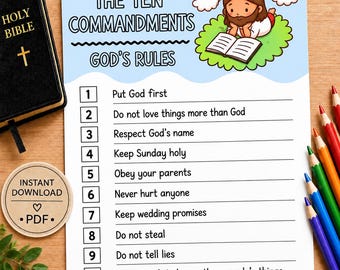 May include: A printed sheet titled The Ten Commandments God's Rules featuring a cartoon illustration of a figure reading a book on a green cloud. The list includes ten numbered points. A black Holy Bible and coloured pencils are placed nearby.