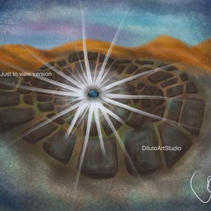 May include: Abstract digital art piece featuring a central, eye-like shape with radiating white lines against a backdrop of blues, oranges, and browns. The text "Just to view version" is visible. Signed and dated.