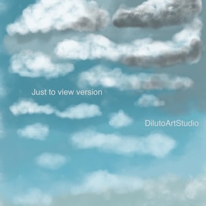 Pode incluir: Impressão de arte digital de um céu azul com nuvens brancas e cinzentas fofas. O texto "Just to view version" está no centro e "DilutoArtStudio" no canto inferior direito. A obra de arte evoca calma.
