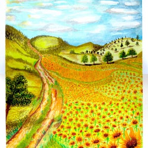 Pode incluir: Pintura em aquarela de uma paisagem ensolarada com uma estrada de terra serpenteando por um campo de girassóis. Colinas verdes e árvores ao fundo sob um céu azul com nuvens. A pintura é assinada.