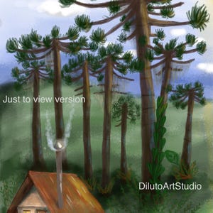 Pode incluir: Pintura artística de uma cabana aninhada numa floresta de árvores altas. A cabana tem um telhado castanho e uma chaminé com fumo. Os textos "Just to view version" e "DilutoArtStudio" são visíveis.