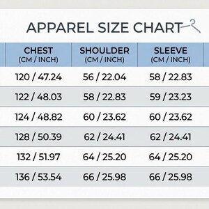 May include: An apparel size chart with columns for Asian size, chest, shoulder, sleeve, and length in centimeters and inches. The table lists sizes from XS to XXL with corresponding measurements for each category, including a measurement guide icon.