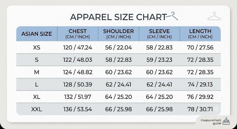 May include: An apparel size chart with columns for Asian size, chest, shoulder, sleeve, and length in centimeters and inches. The table lists sizes from XS to XXL with corresponding measurements for each category, including a measurement guide icon.
