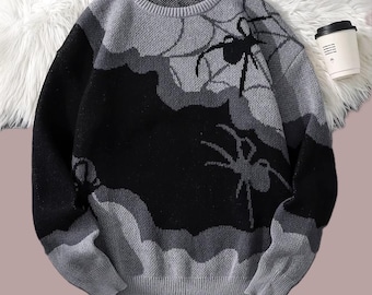 Spider  Sweater, Gothic Grunge Jacquard Sweater, Grey Black Aesthetic Sweater, Dark Academia Knitwear, Halloween Spider Sweater