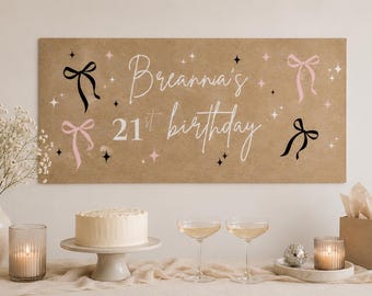 Personalized Pink Bow Birthday Banner, Custom Birthday Party Banner, Printable Birthday Decor, Digital Download
