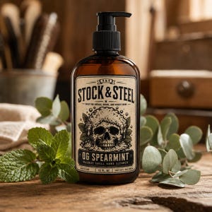 以下が含まれることがあります： 黒いポンプディスペンサー付きのアンバーガラスボトル。中身はStock & Steel OG Spearmintのクルミの殻入りハンドクリーナーです。ラベルには頭蓋骨のグラフィック、「Stock & Steel」、「Built for grease, grime, and honest work」、「12 fl. oz.」という文字が記載されています。