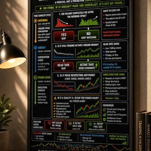 May include: Black framed poster titled "Power Hour Trading Plan" with trading strategy graphics and text. Includes sections on time context, volume, and setup criteria. The poster is displayed on a desk with a lamp and a mug.