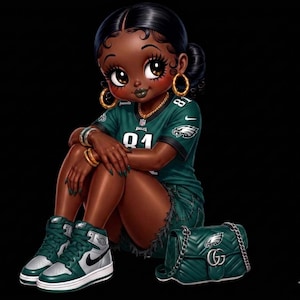 Könnte beinhalten: Eine stilisierte Illustration einer Figur, die ein dunkelgrünes Philadelphia Eagles Trikot mit der Nummer 81, dunkelgrüne Jeansshorts sowie grün-silberne High-Top-Sneaker trägt. Die Figur hat goldene Creolen und eine passende grüne gesteppte Handtasche.