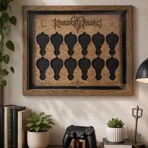 May include: A rectangular wooden display frame featuring the Kingdom Hearts logo at the top and twelve key-shaped cutouts arranged in two rows. The frame has a dark wood finish and a black backing, designed to hold collectible items securely.
