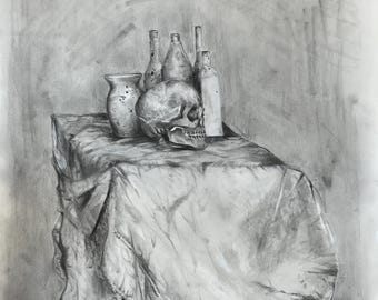 Charcoal Still Life Print: Skull, Vases, Bottles – Moody Atmospheric Art (8x5 inches)