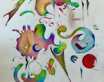 Abstract Rainbow Charcoal Drawing, Colorful Surreal Wall Art, Modern Organic Shapes Illustration, 8x5 Original Printed Artwork