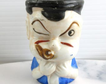 Huevera de cerámica vintage con forma de Popeye el Marino, fabricada en Japón.