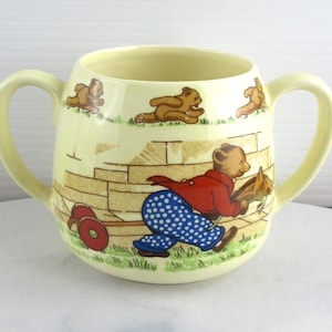 May include: A vintage yellow ceramic child's mug with two handles. The mug features a colourful illustration of a bear pushing a toy wagon, with other bears running along the top. The mug has a light yellow colour.