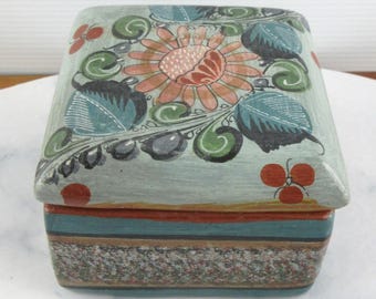 ヴィンテージの手描きトナラ赤土製小物入れ、メキシコの民芸品、ミッド