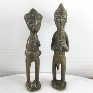 Pair of Vintage African Tribal Brass or Bronze Man & Woman Figures Statues