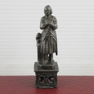 Small Vintage Cast Metal Joan of Arc Figurine, Mini Saint Statue Figure