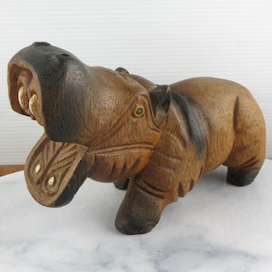 Vintage Hand Carved Wooden Hippo Figure, Boho Decor, Wood Hippopotamus Animal Carving, Mouth Open